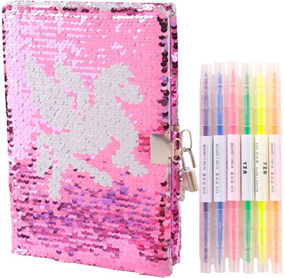 Tinker Squad Sparkly Sequin Unicorn Diary with Lock | Notebook and Pen Set for Kids & Teens Regular Notebook Ruled 160 Pages(Pink, Pack of 8)