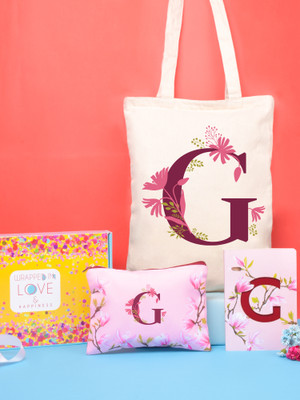 Doodle Monogram Diary Gift Set with Tote Bag and Pouch | Soft Bound Ruled B6 Notebook Stationery Gift Set for Girls and Women | Initial G - 192 Pages(Pink/Red/Magenta, Pack of 3)