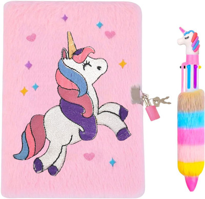 Le Delite unicorn fur lock key diary pink plush secret journal notebook Book-size Diary ruled 100 Pages(Multicolor)