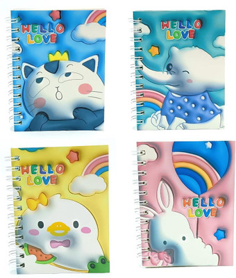 Gold Leaf Mini Cartoon Themed 3D Spiral Notebook A7 Diary Ruled 80 Pages(Pink, Blue, Yellow, Green, Pack of 4)