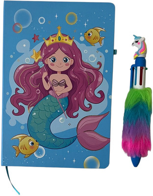 Wahejoy Mermaid Hard Bound Diary (22x15 cm) & 6 in 1 Unicorn Fur Pen A5 Notebook Ruled 100 Pages(Light Blue)