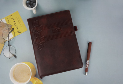 Diaro PU Leather Thermal Cover, Daily & Monthly Calendar with Pen Holder, Year 2026 B5 Diary Ruled 336 Pages(Brown)