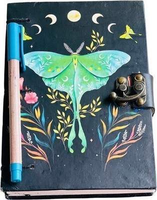 Al Zohra Handicraft Leather Cardboard Luna Moth Print Special Binding A5 Diary Notebook A5 Notebook Unruled 200 Pages(Multicolor)