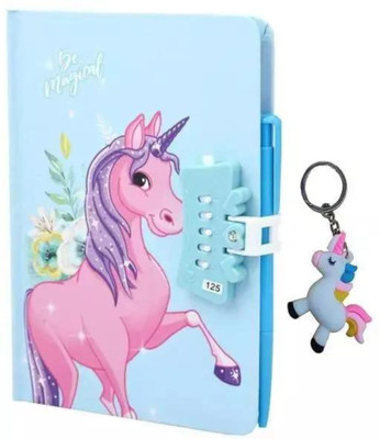 RHINETOYS Unicorn Password Lock Diary with Unicorn keyring for kids A5 Diary Ruled 50 Pages(Blue)