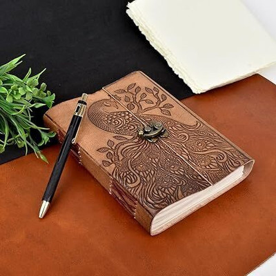 ARSHAD HANDICRAFT Peacock Design Leather Journal with 100 Sketch Pages, A5 Notebook, Leather, A5 Diary Blank 100 Pages(Brown)