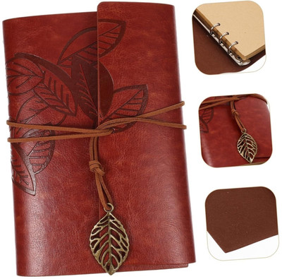 KRYTONE 1Pcs Leather Leaf Print Writing Vintage Notebookor Men Women Journal Notebook A5 Notebook 50 Pages(Brown)