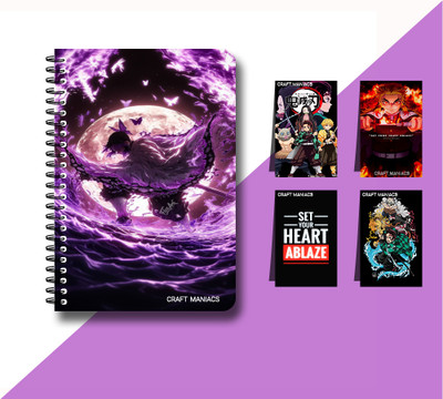 craft maniacs DEMON SLAYER DIARY & 4 MAGNETIC BOOKMARKS A5 Notebook RULED 160 Pages(Multicolor)