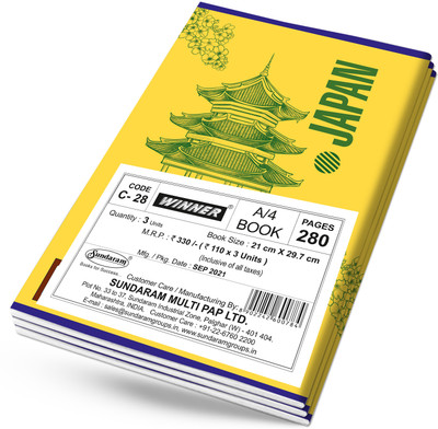 SUNDARAM Winner A4 Note Book Single Line 280 Pages(Multicolor, Pack of 24)