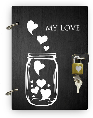 DI-KRAFT Refillable Hearts in Jar Wooden cover Secret Diary With Lock Handmade and ring lock pattern Diary A5 Diary Unruled 160 Pages(Black)