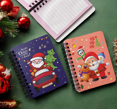 Le Delite 2 piece xmas theme mini pocket notebook diary for kids A7 Notebook ruled 60 Pages(Multicolor)