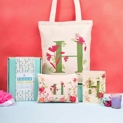Doodle Monogram Diary Gift Set with Tote Bag and Pouch | Soft Bound Ruled B6 Notebook Stationery Gift Set for Girls and Women | Initial H - 192 Pages(Pink/Olive Green, Pack of 3)