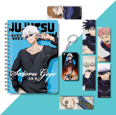 craft maniacs JUJUTSU KAISEN DIARY ,6 FREEBIE BOOKMARKS & ONE WOODEN KEYCHAIN A5 Diary RULED 160 Pages(Multicolor)