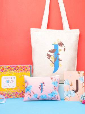 Doodle Monogram Diary Gift Set with Tote Bag and Pouch | Soft Bound Ruled B6 Notebook Stationery Gift Set for Girls and Women | Initial I - 192 Pages(Pink/Sky Blue/Brown, Pack of 3)