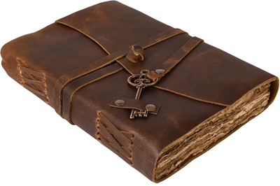 Bonjour Store Leather Antique Deckle Paper Drawing Journal Daily Travel Diary Handmade Vintage A5 Diary Ruled 200 Pages(Brown)