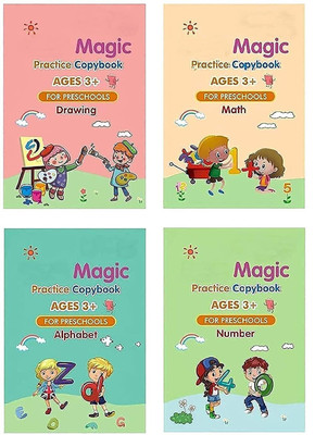 MHAX Copybook Sank Magic Practice Copybook for Kids, Reusable 4 BOOK WITH 10 REFILL Assorted Notebook Spiral 9 Pages(4 Colours, Pack of 4)