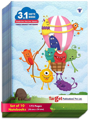 Target Publications 3 in 1 Notebooks Single Line, Four Line & Maths Square 9 MM|18x24cm|Set of 10 Regular Notebook Ruled 172 Pages(Multicolor, Pack of 10)