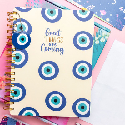 Doodle Start Anytime of the Year | Undated B5 Planner with 200+ Stickers & Pocket Notebook | Evil Eye Charm - Ruled 268 Pages(White, Blue)