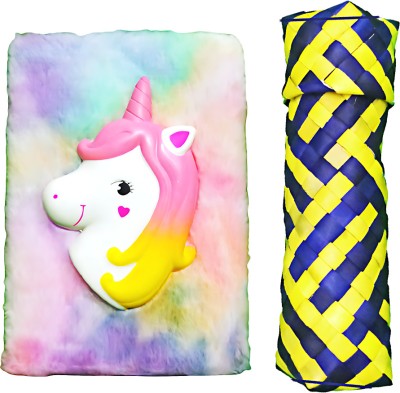 Ecommz Palm leaf Pouch with 3D Fur Unicorn Regular Diary Ruled 80 Pages(3D Blue)