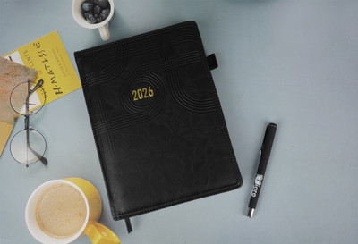 Diaro Soft PU Leather Cover, Daily & Monthly Pages, Ribbon Bookmark & Pen Loop, 2026 B5 Diary Ruled 365 Pages(Black)