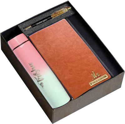Unerya Studio Your Name Customized Personalized Engraved Steel Bottle With Writing Notebook A6 Diary 365 Pages(Brown)