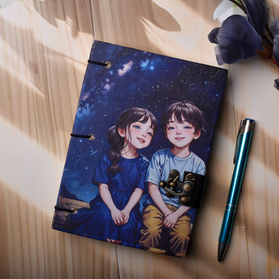 Al Zohra Handicraft Leather Cardboard Couple Print Special Binding A5 Diary Notebook A5 Notebook Unruled 200 Pages(Blue)