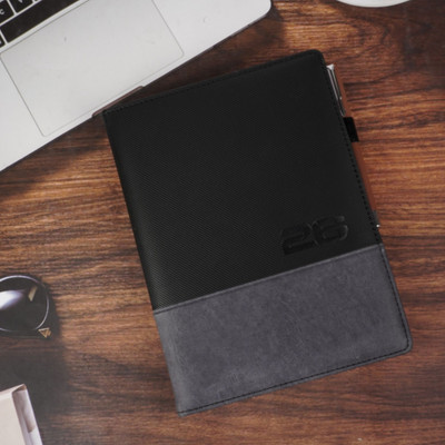 Erminio Palamino 2026 Executive Diary, Black and Grey Leather Cover, Daily and Monthly Calendar B5 Diary Ruled 365 Pages(Black)