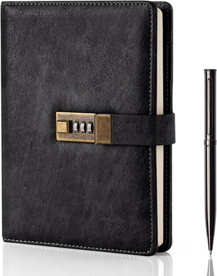 Lufarp Diary With Lock,A5 Pu Leather Journal With Combination Lock A5 Diary Single Rule 200 Pages(Black)