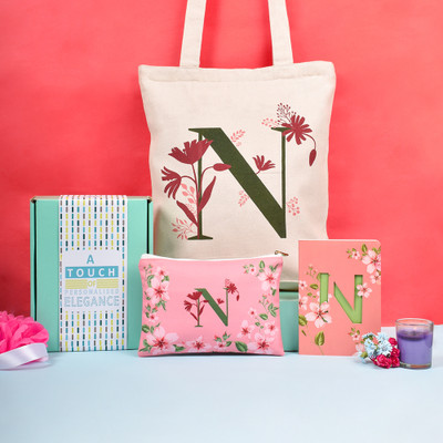Doodle Monogram Diary Gift Set with Tote Bag and Pouch | Soft Bound Ruled B6 Notebook Stationery Gift Set for Girls and Women | Initial N - 192 Pages(Pink/Light Green, Pack of 3)