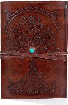 DI-KRAFT Tree of life embossed Leather journal with stone A5 Diary Unruled 200 Pages(Brown)