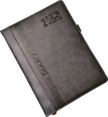 Excel PU Leather Finish Hard Bound 2025 Executive Diary Planner Sunday full page Regular Diary with Pen Holder (Cover Design may be Different) Ruled 366 Pages(Grey)