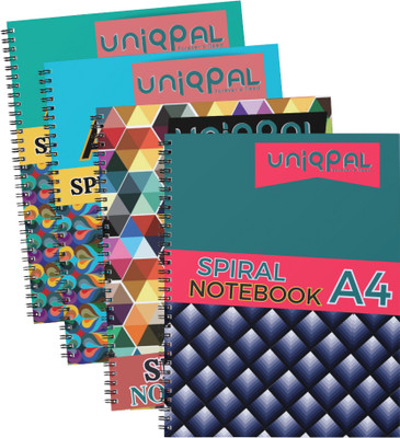 UNIQPAL Spiral Notebook–Durable 800 Pages (4 notebook x 200 pages) with 75 GSM A4 Notebook RULED / LINE 200 Pages(Multicolor, Pack of 4)