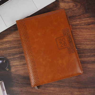 Erminio Palamino 2026 Executive Leather Diary Planner with Pen Holder, Geometric Pattern Design B5 Diary Ruled 365 Pages(Brown)