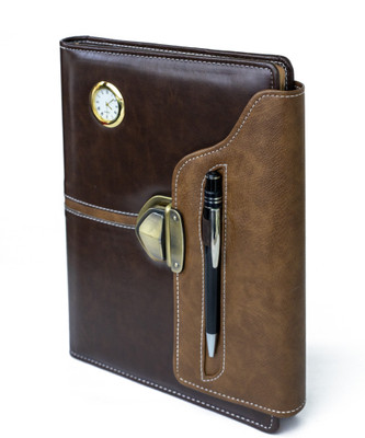 Erminio Palamino Any Year Edition, Corporate Leather Folder Diary with Analog Watch, Pen Holder A4 Planner/Organizer RULED 365 Pages(Caramel Brown)