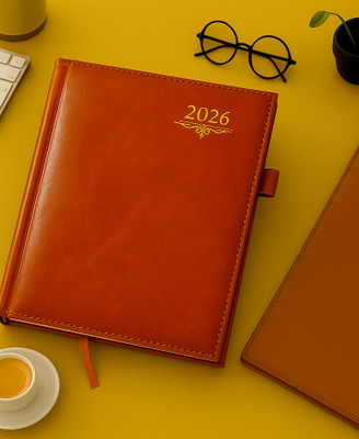 Excel PU Leather Finish Hard Bound 2026 Executive Diary Planner Sunday half page Regular Diary with Pen Holder (Cover Design may be Different) Ruled 344 Pages(Brown)