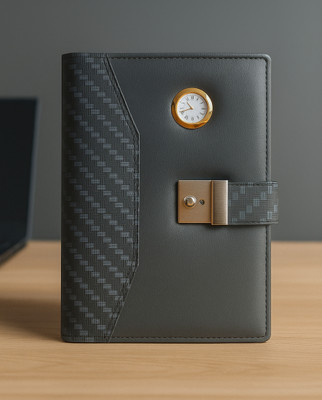 UBROFIT Lock & Key Diary with 2- Folder Clock and Calculator Soft Leather Diaries 2025 B5 Diary Single Ruled 365 Pages(Grey)