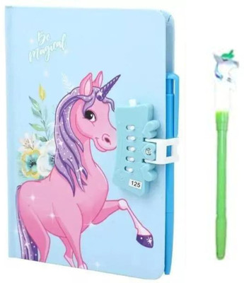 RHINETOYS Unicorn Password Lock Diary with Unicorn Light Pen A5 Diary Ruled 50 Pages(Blue, Pack of 2)