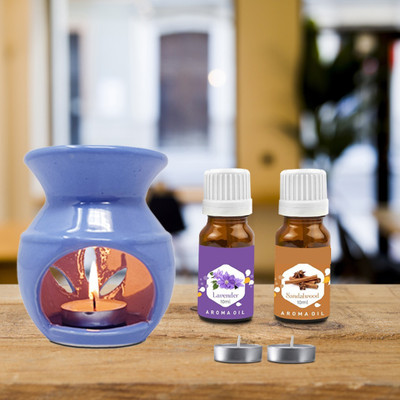 PEEPRESION Air Fragrance Ceramic Aroma Oil Burner+Lavender And Sandalwood Oil(10ml Each) Home, Office, Spa, Hotel, Temple, Club, Pub Bar, Gym, Bed Room Diffuser(Blue)