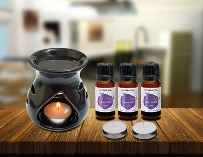 PEEPRESION Ceramic Aroma Black Oil Burner With 2 T-light Candle & 3 Lavender Aroma Oil Home, Office, Spa, Hotel, Temple, Club, Pub Bar, Gym Diffuser(Black)