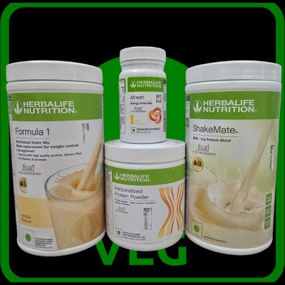 HERBALIFE VANILLA SHAKE OR PROTEIN 200GM ,AFRESH ENERGY DRINK GINGER OR SHAKEMATE 500GM , Powder(1250 g, Pack of 4)