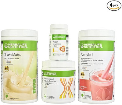 HERBALIFE Weight Loss Combo Formula 1 Shake Mix - STRAWBERRY Flavor, Probiotic DRINK, Personalized Protein Powder 200G, AFRESH ENERGY DRINK -LEMON, SHAKEMATE -500G Powder(1250 g, Pack of 4)