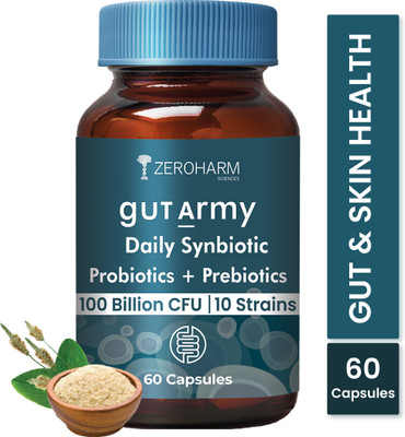 ZEROHARM Gut Army Probiotics & Prebiotics for Gut Health, Bowel Regularity, Skin Health No added Flavor Capsules(60 No)