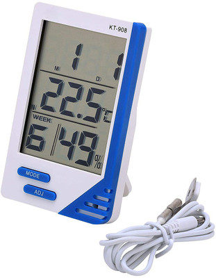 SWADESI BY MCP Digital Room Thermometer Temperature Humidity Meter LCD Digital indoor/Outdoor KT-908 Room Thermometer Hygrometer with Clock Time Humidity Monitor for Home Thermometer(White & Blue)