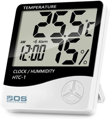 Bos Medicare Surgical HTC-1 Digital Room Temperature Thermometer with Hygrometer & Clock Temprature & Humidity Meter With Clock LCD Display for Indoor/Outdoor Room Thermometer(White)