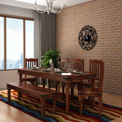 jangid Handicraft Sheesham Solid Wood 8 Seater Dining Set With 6 Chairs & Bench For Dining Room Solid Wood 8 Seater Dining Set(Finish Color -Brown Finish, DIY(Do-It-Yourself))