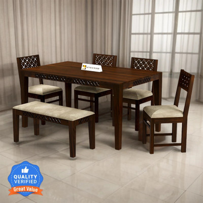 Kendalwood Furniture Premium Dining Room Furniture Wooden Dining Table with 4 Chairs & 1 Bench Solid Wood 6 Seater Dining Set(Finish Color -Walnut Finish With Cream Cushion, DIY(Do-It-Yourself))