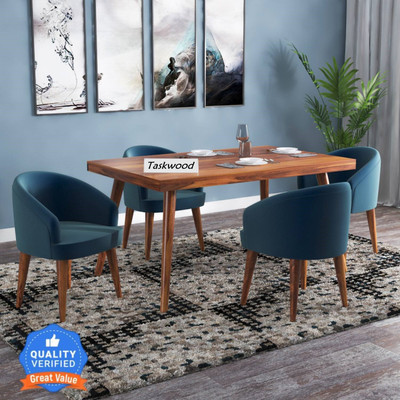 Taskwood Furniture Premium Dining Room Furniture Wooden Dining Table with 4 Chairs Solid Wood 4 Seater Dining Set(Finish Color -Honey Finish With Blue Cushions, DIY(Do-It-Yourself))