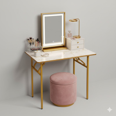 Kiara Quality First Multi-Purpose Foldable & Portable Wooden Laptop Table with Metallic Golden Leg Solid Wood Dressing Table(Finish Color - , White, Pre-assembled)