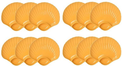 NAYOPI Pack of 12 Plastic Eco-Friendly Wheat Straw Plates Set Shell-Shaped Snack Plate with Dip Section Dinner Set(Yellow, Microwave Safe)
