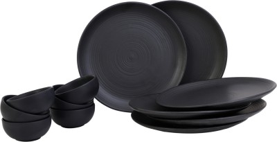 Crock Comforts Pack of 12 Ceramic Dinner Set of 12 with Katori(6Bowls,6 Plates,Dishwasher & Microwave Safe,BPBB06) Dinner Set(Black, Microwave Safe)