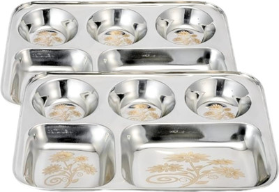 Qality Pack of 2 Stainless Steel Heavy Bhojan Thali/Dinner Plate with 5 Compartment (Rust Free) (Crack Warranty) Dinner Set(Silver, Microwave Safe)